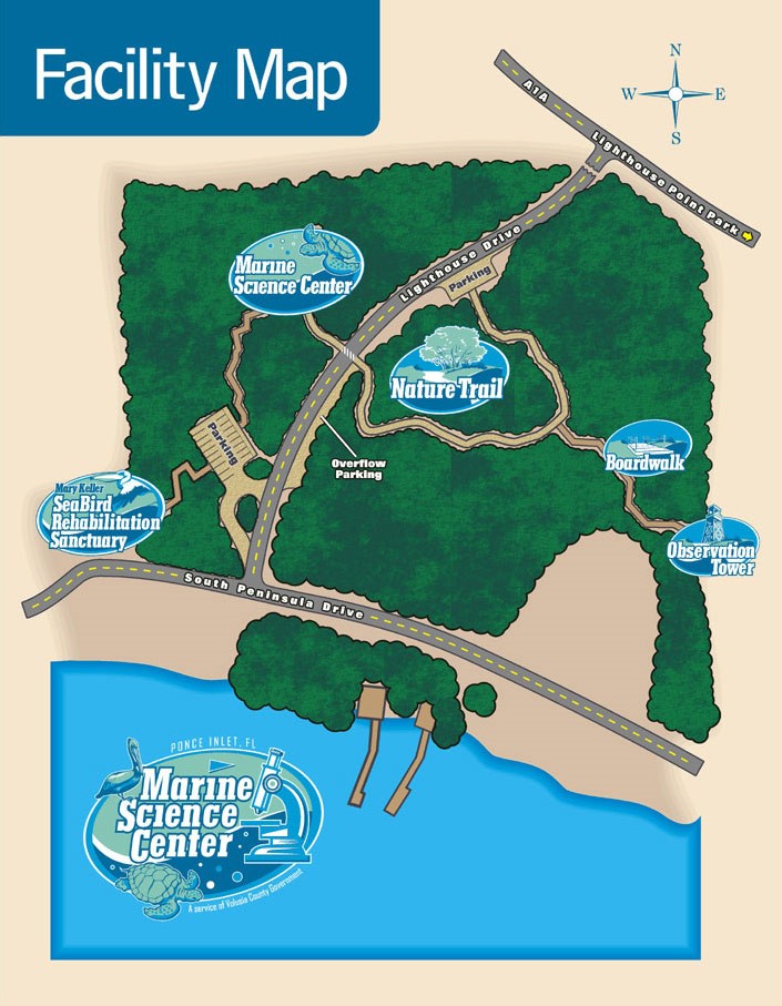 facility map that shows marine science center, seabird rehabilitation sanctuary, nature trail, boardwalk, and observation tower