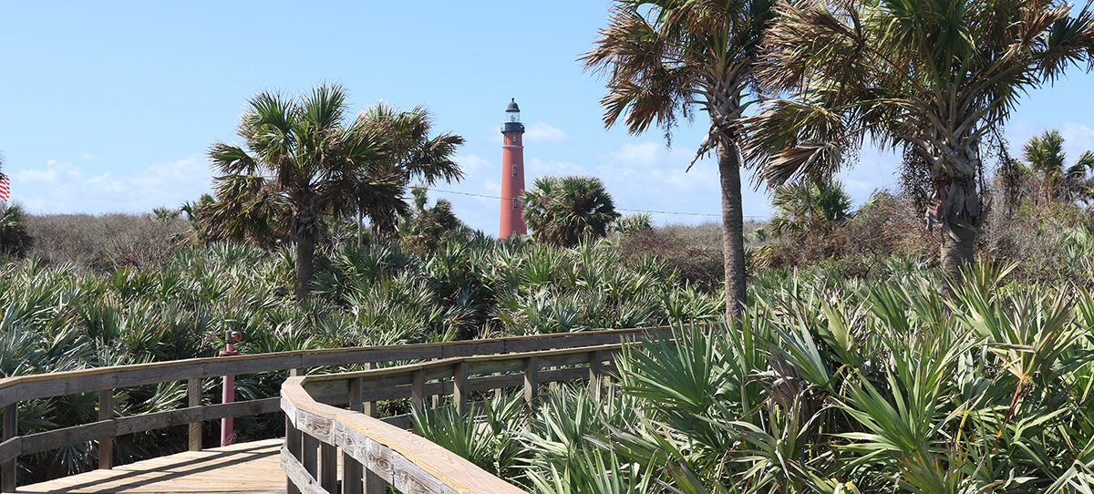 ponce inlet boardwalk trail with lighthouse behind the palms